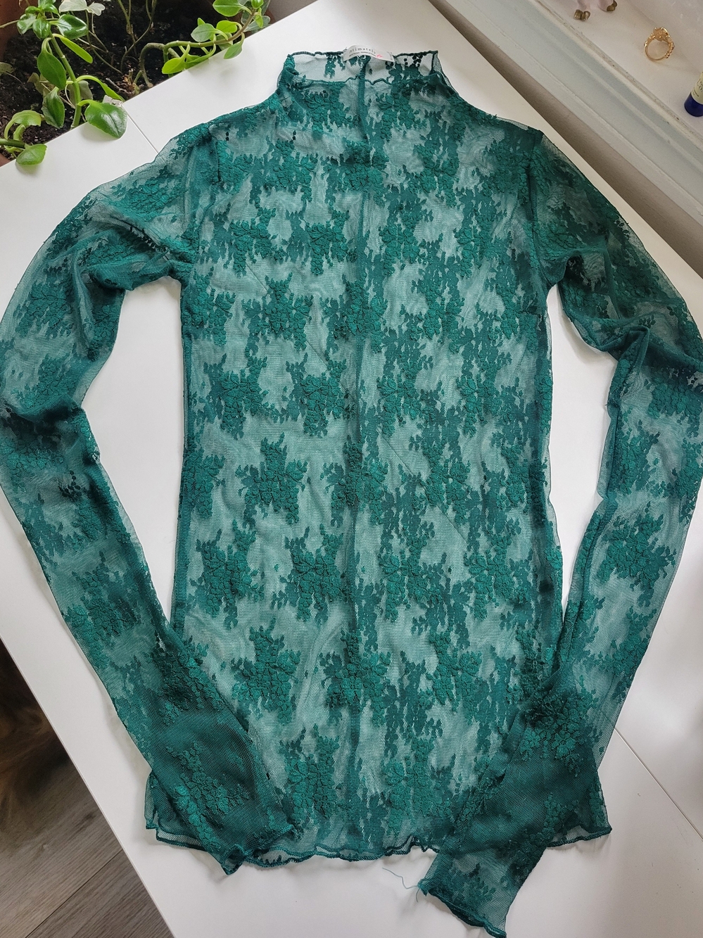 Free People Sheer Lace Mock Neck Long Sleeve Top - Emerald Green